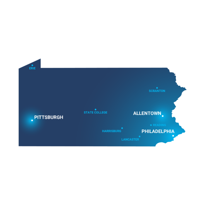 Map of the state of Pennsylvania, highlighting major cities.